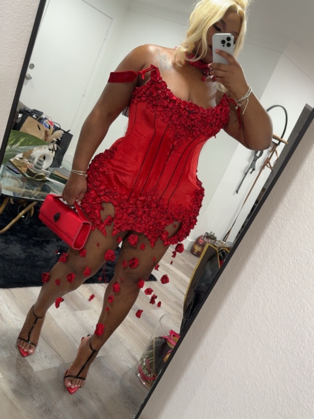 Red Floral Appliqué Corset Mini Dress - Women